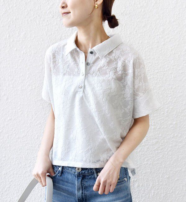 SHIPS for women「《追加予約》【WEB限定】〈手洗い可能〉シアー ジャカード ポロ 襟 ショート スリーブ プルオーバー」|ポロシャツ|