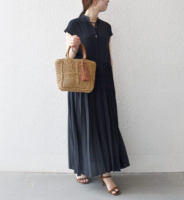 SHIPS any「《予約》SHIPS any:〈手洗い可能〉ドット バンドカラー フレンチ プリーツ ロング ワンピース」|ワンピース|