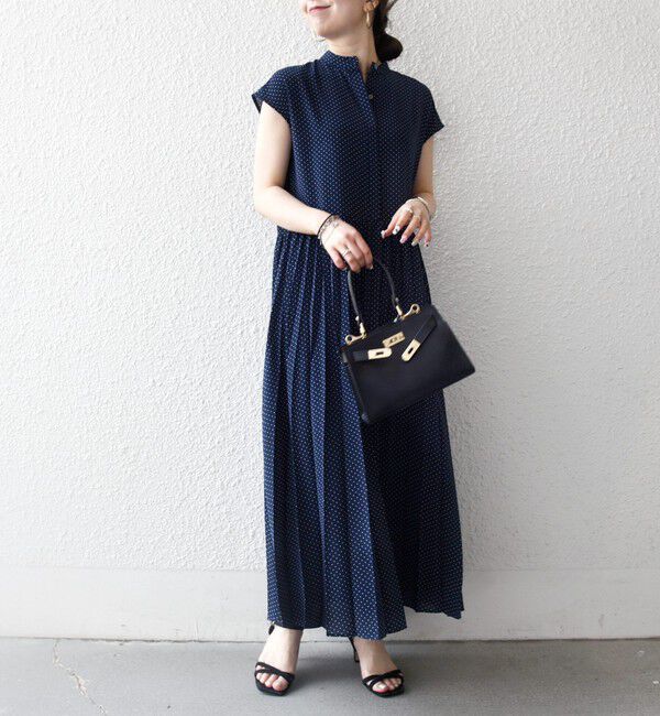 SHIPS any「《予約》SHIPS any:〈手洗い可能〉ドット バンドカラー フレンチ プリーツ ロング ワンピース」|ワンピース|
