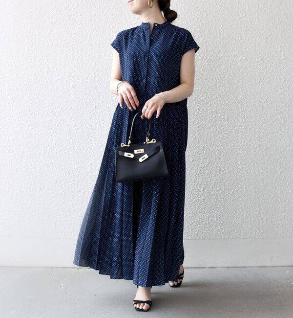 SHIPS any「《予約》SHIPS any:〈手洗い可能〉ドット バンドカラー フレンチ プリーツ ロング ワンピース」|ワンピース|