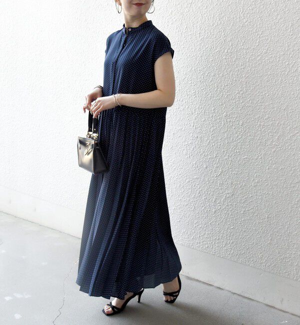 SHIPS any「《予約》SHIPS any:〈手洗い可能〉ドット バンドカラー フレンチ プリーツ ロング ワンピース」|ワンピース|