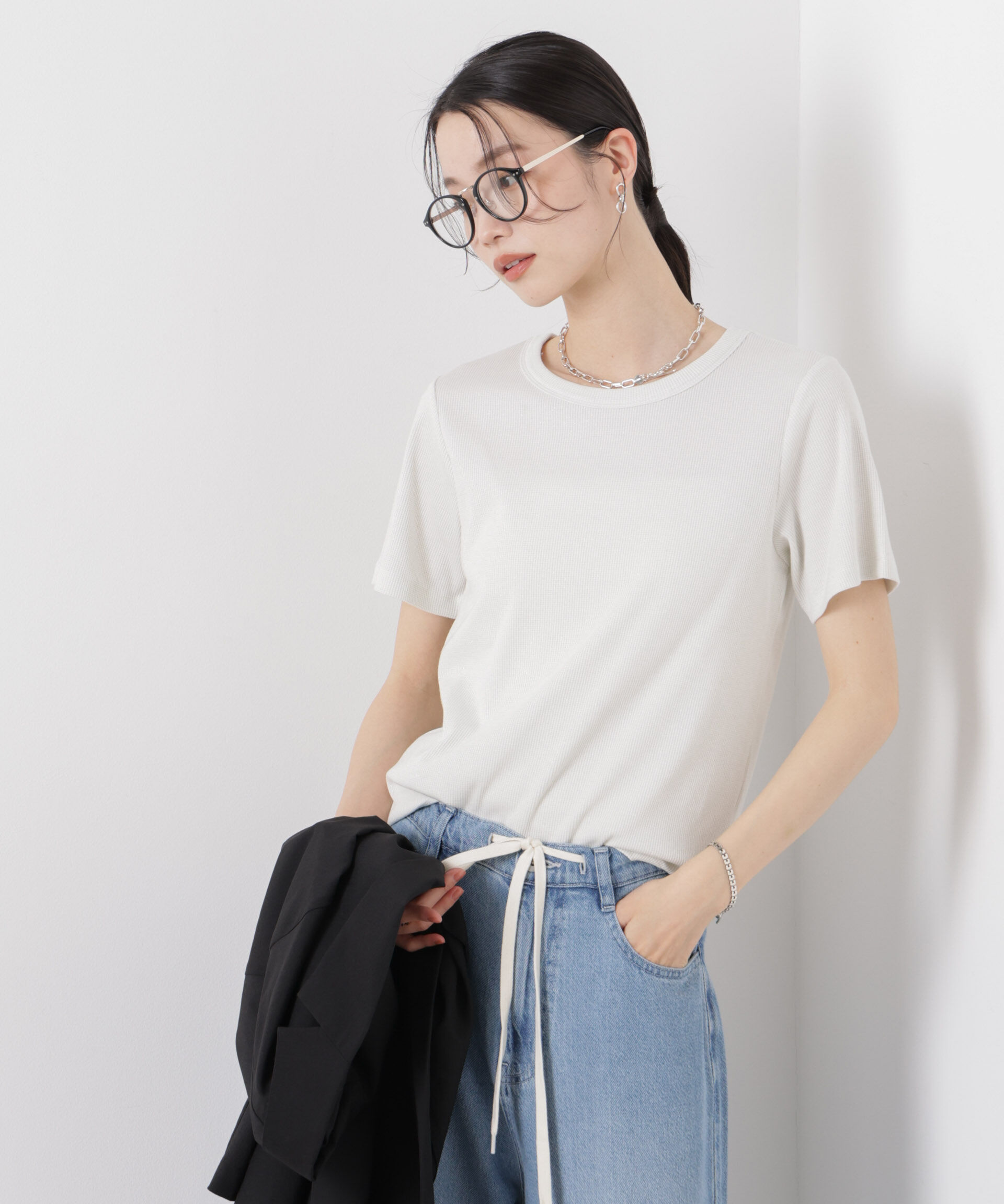 nano･universe「ラメリブカットクルーネックTシャツ」|Tシャツ・カットソー|ホワイト