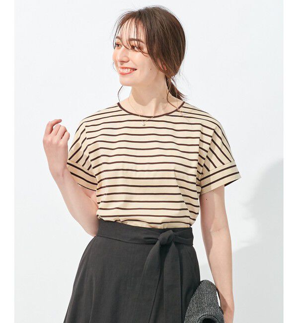 自由区「【洗える/UVケア】ボーダー タックデザインカットソー」|Tシャツ・カットソー|キャメル系1