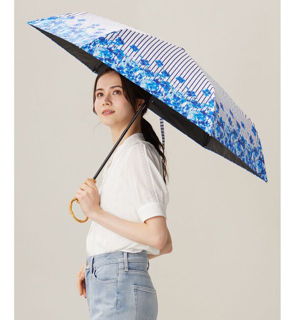 自由区「【UVカット・晴雨兼用】オルタンシアプリント 折りたたみ傘」|傘|ブルー