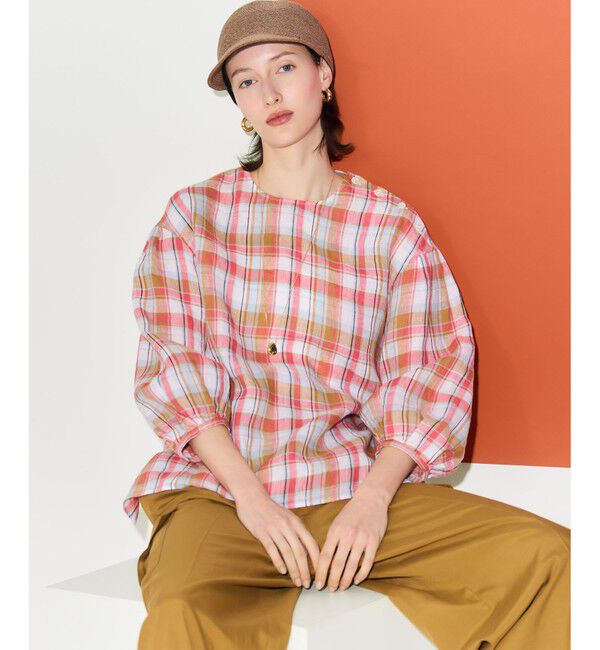 23区「LIBECOリネン チェック ボリュームスリーブ ブラウス」|シャツ・ブラウス|ｵﾚﾝｼﾞﾁ