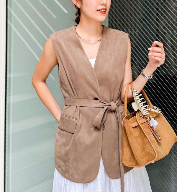 NOLLEY'S「《セットアップ対応》ストレッチスエードベルテッドジレ」|ベスト・ジレ|ベージュ