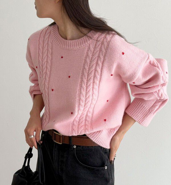 fredy emue「ハート刺繍柄編みニットプルオーバー」|ニット・セーター|ピンク
