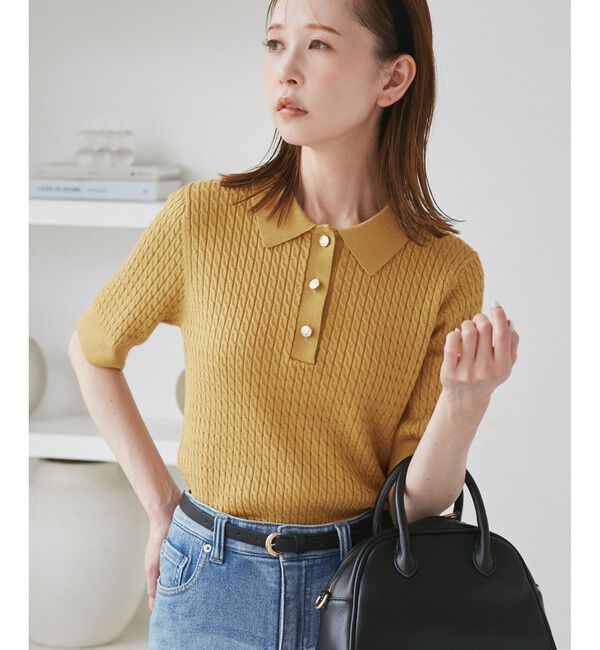 Rope&rsquo;Picnic「ミニケーブルハーフスリーブニットポロシャツ」|ポロシャツ|カラシ(86)