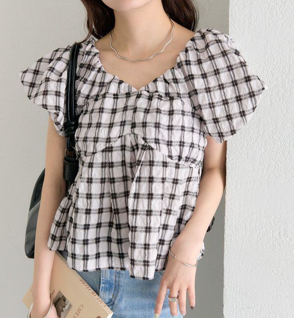  「チェックパフブラウス」|シャツ・ブラウス|ベージュ