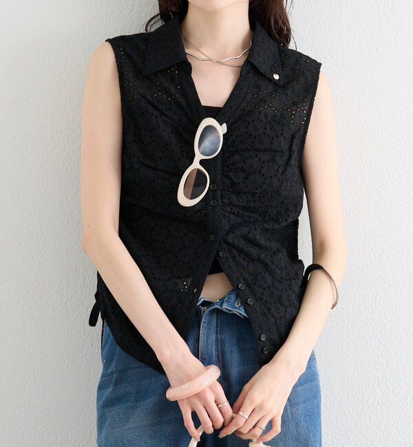  「襟付きサイドギャザーシェイプシャツ」|シャツ・ブラウス|ブラック