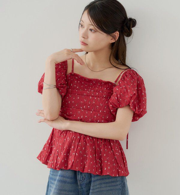  「袖取り外しフラワーペプラムブラウス」|シャツ・ブラウス|レッド