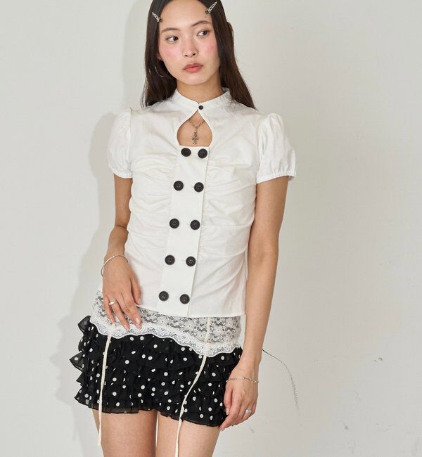  「Wボタンギャザーブラウス(ドット柄・無地)」|シャツ・ブラウス|