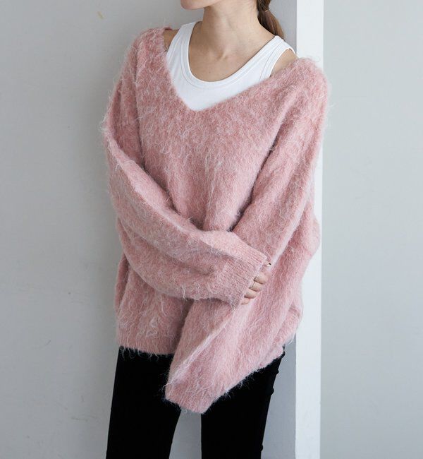  「【着映えニット】シャギーＶネックプルオーバー」|ニット・セーター|ピンク