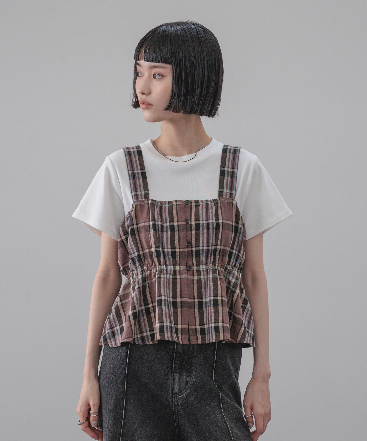 LOWRYS FARM「ソフリネンビスチェ」|タンクトップ|ﾌﾞﾗｳﾝﾁｪｯｸ