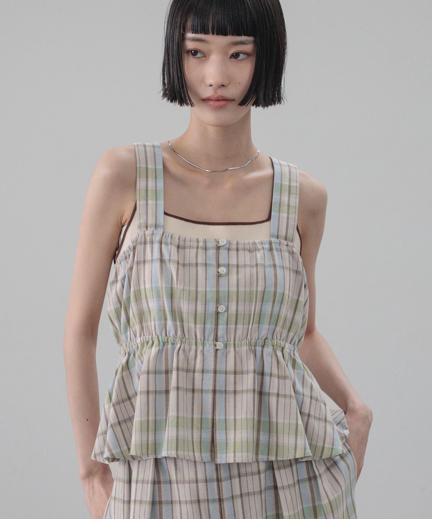 LOWRYS FARM「ソフリネンビスチェ」|タンクトップ|ﾌﾞﾙｰﾁｪｯｸ