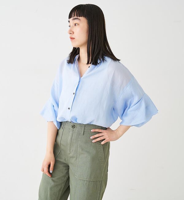 collex「ギャザー&タック半袖リネンブラウス」|シャツ・ブラウス|サックスブルー