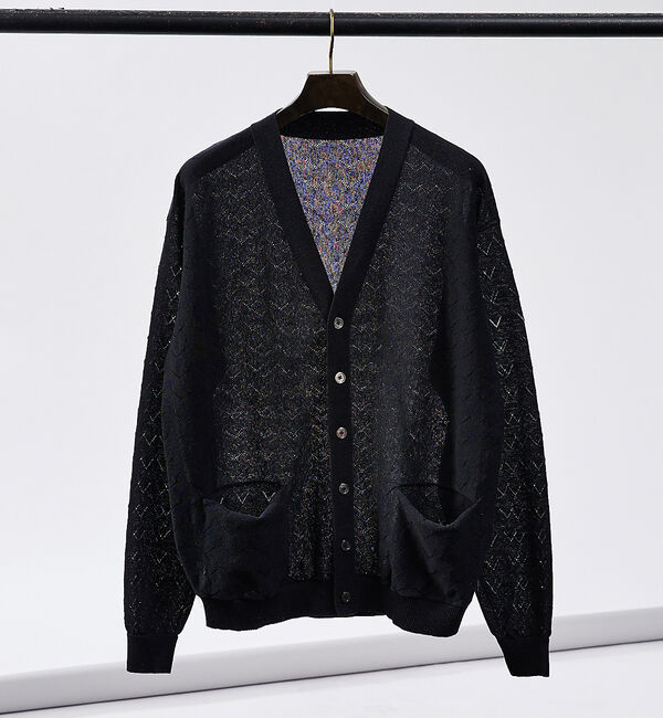 ABAHOUSE「【リネン混】透かし編み シアー カーディガン」|カーディガン|ブラック