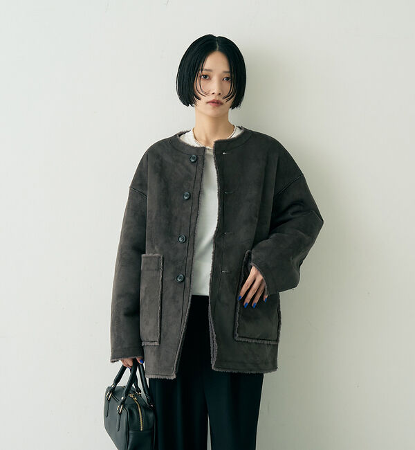 Rouge vif「【2サイズ展開】2WAYスウェードリバーシブルボアコート / ノーカラーコート」|ノーカラーコート|
