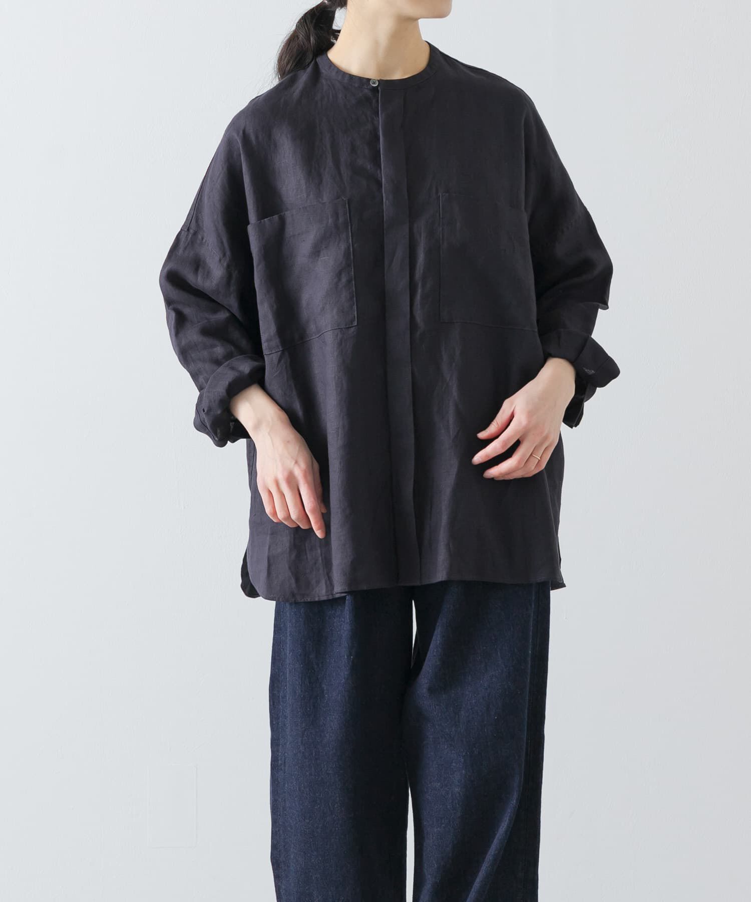 かぐれ「リネンダブルポケットワイドシャツ」|シャツ・ブラウス|ネイビー