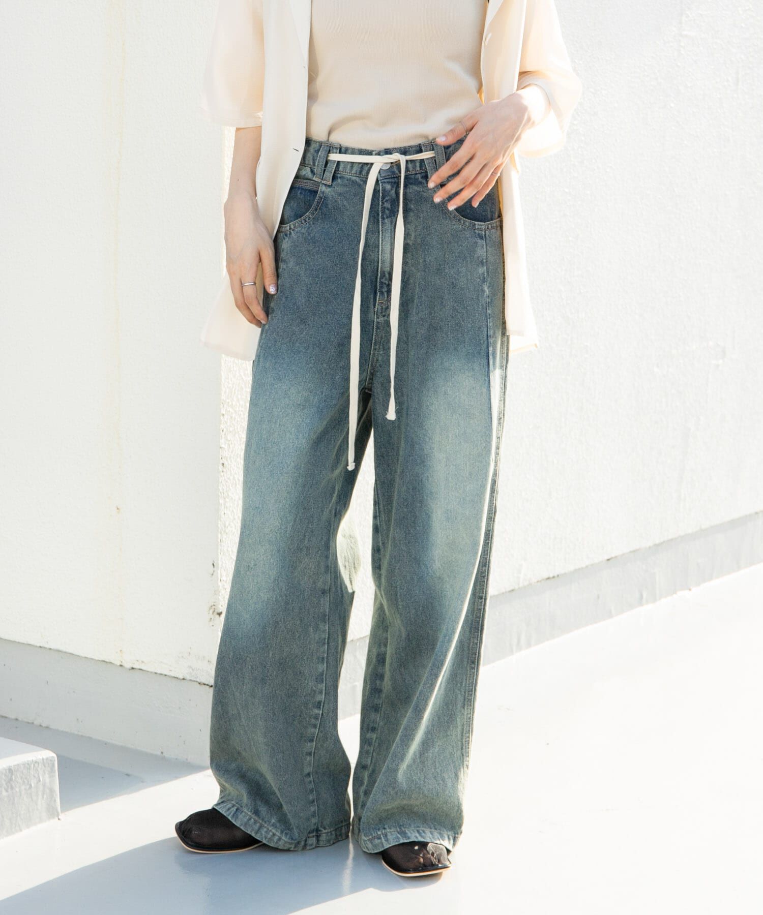  「『2サイズ展開』ドローストリングデニム」|デニム|ブルー