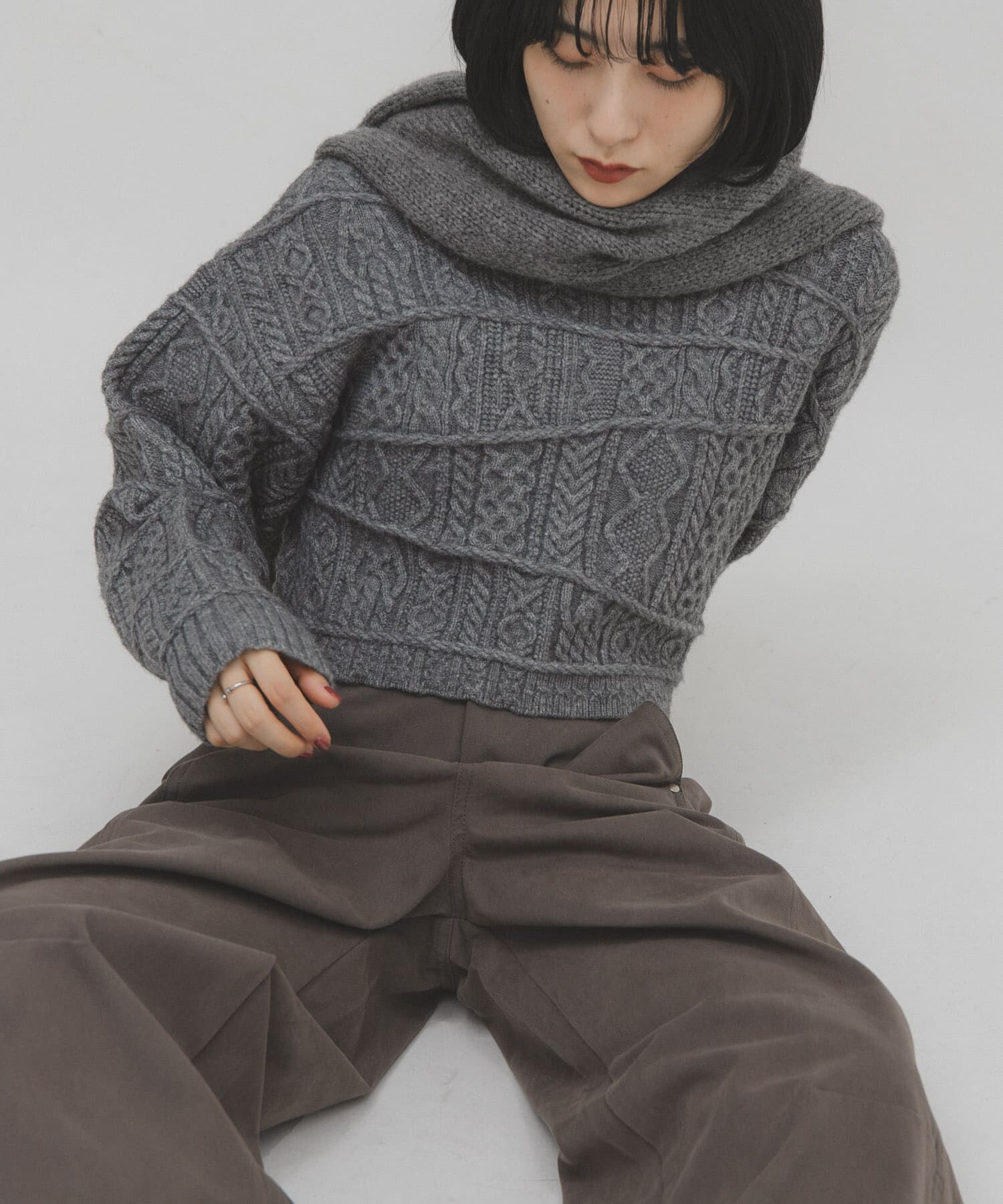  「MIXケーブルショートニット」|ニット・セーター|グレー