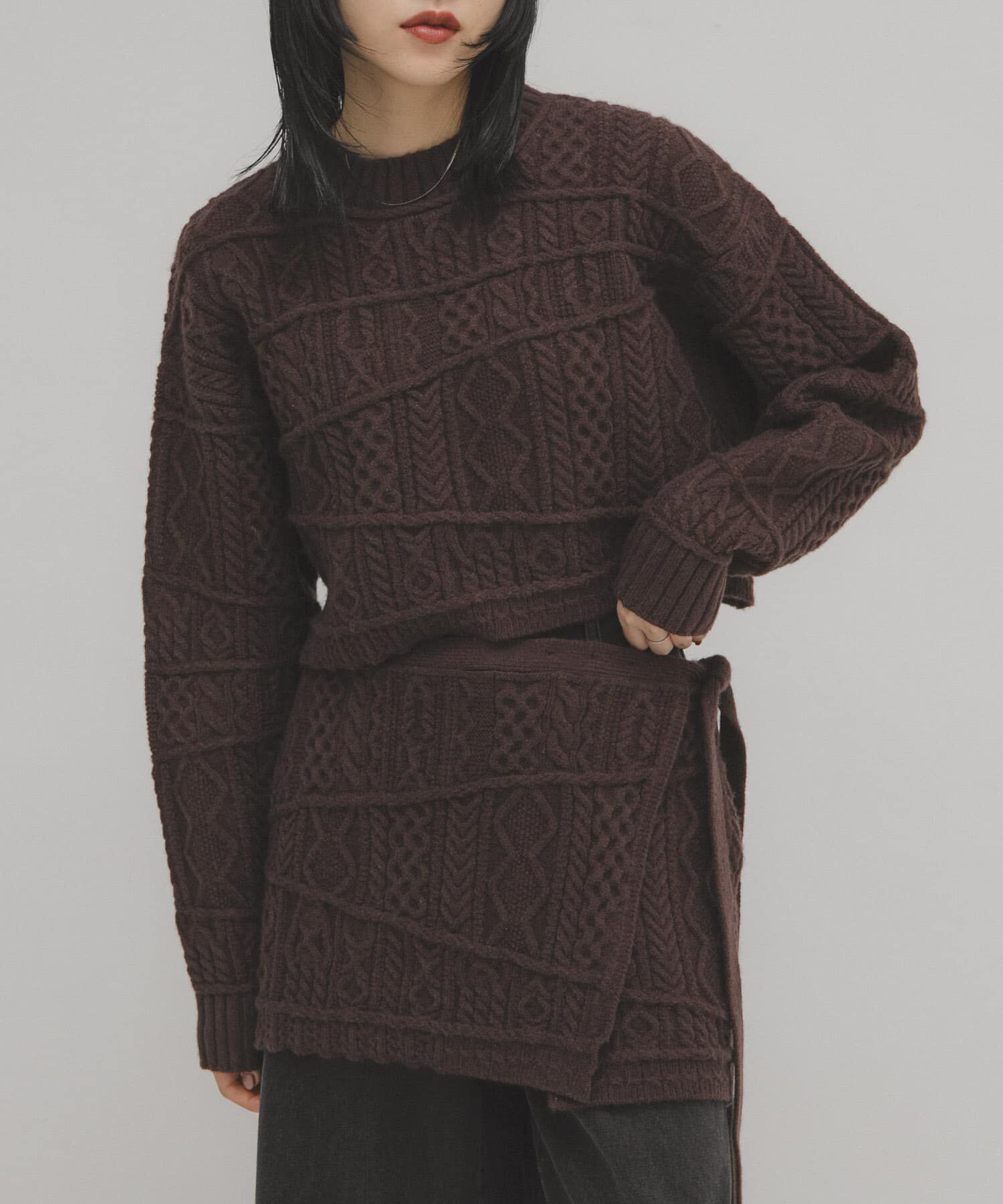  「MIXケーブルショートニット」|ニット・セーター|ブラウン