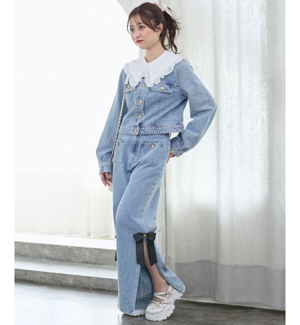  「サイドリボンビジューデニムパンツ」|デニム|