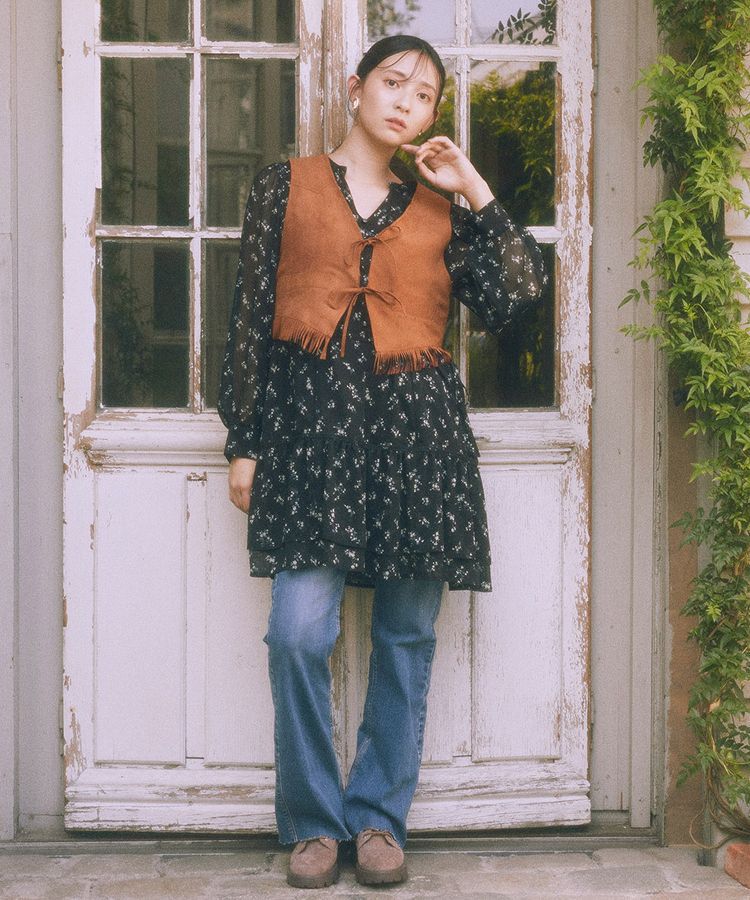 earth music&ecology「スウェード調フリンジベスト」|ベスト・ジレ|