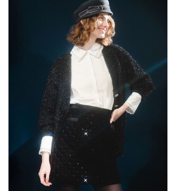 LOULOU WILLOUGHBY「【LOULOU WILLOUGHBY】フィルムラメミドルカーディガン」|カーディガン|ブラック