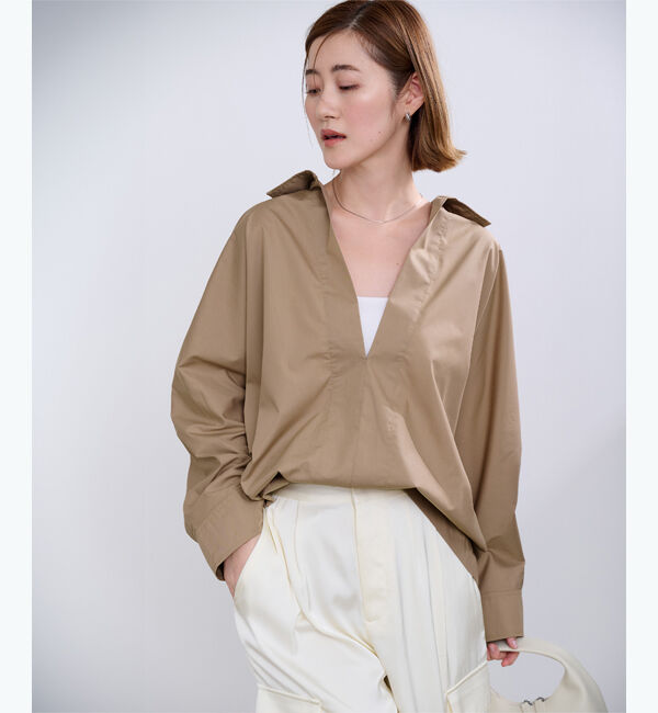 ur's「スキッパーネックドルマンスリーブオーバーサイズシャツ」|シャツ・ブラウス|ベージュ