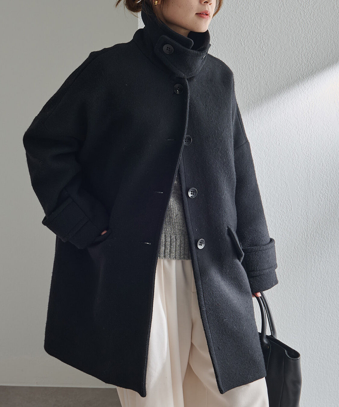  「【日本製】ビーバーウールステンカラーコート」|その他|ブラック