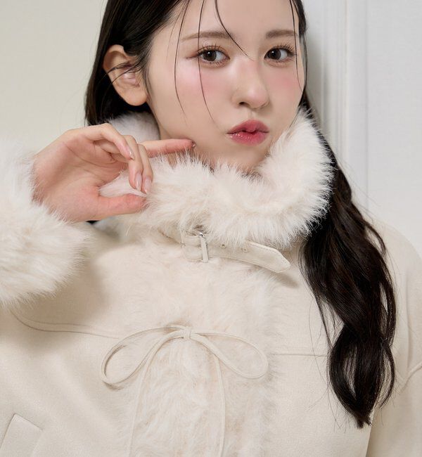  「【リボン取り外し可能】フェイクムートンリボンアウター」|ダウンベスト・ベスト|