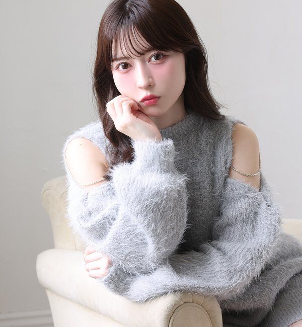  「肩あきビジューニットミニワンピ」|ワンピース|