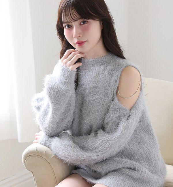  「肩あきビジューニットミニワンピ」|ワンピース|