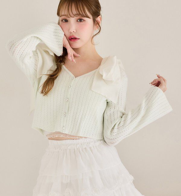  「キラキラボタンアイレットカーデ」|ニット・セーター|ミント