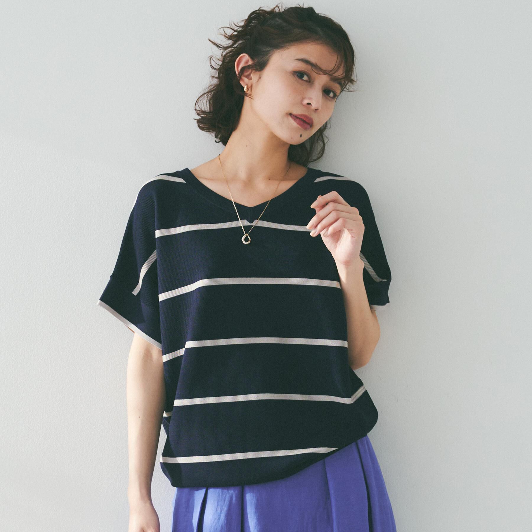 UNTITLED「【12色展開/体型カバー/2way】バウンドスリーブニット」|ニット・セーター|ネイビー&times;グレージュ