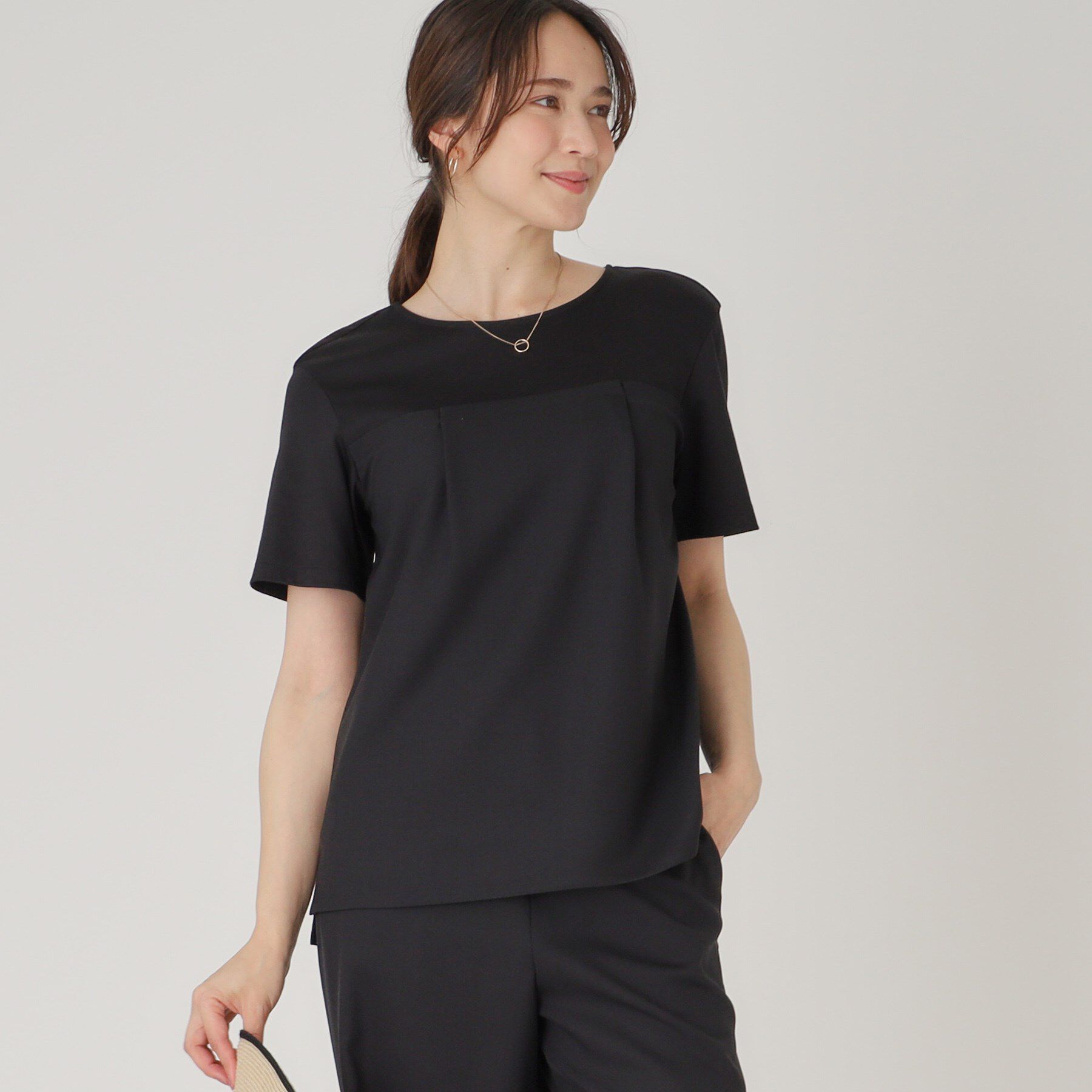 COUP DE CHANCE「【洗える／日本製／ビスチエレイヤード風／セットアップ可】異素材組合せのジャージプルオーバー」|Tシャツ・カットソー|