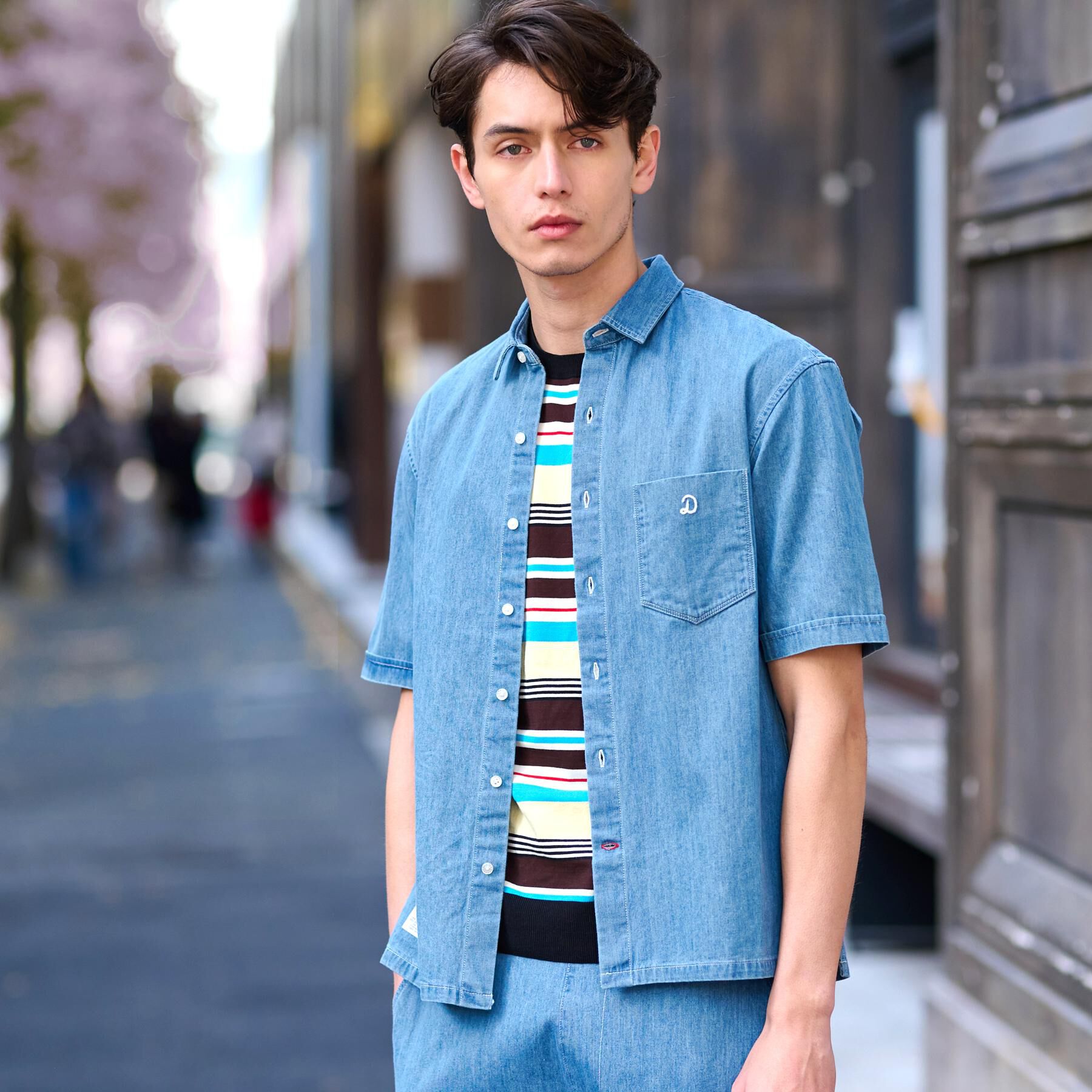 DRESSTERIOR「【セットアップ可】ライトデニム ハーフスリーブシャツ」|シャツ・ブラウス|ブルー(092)