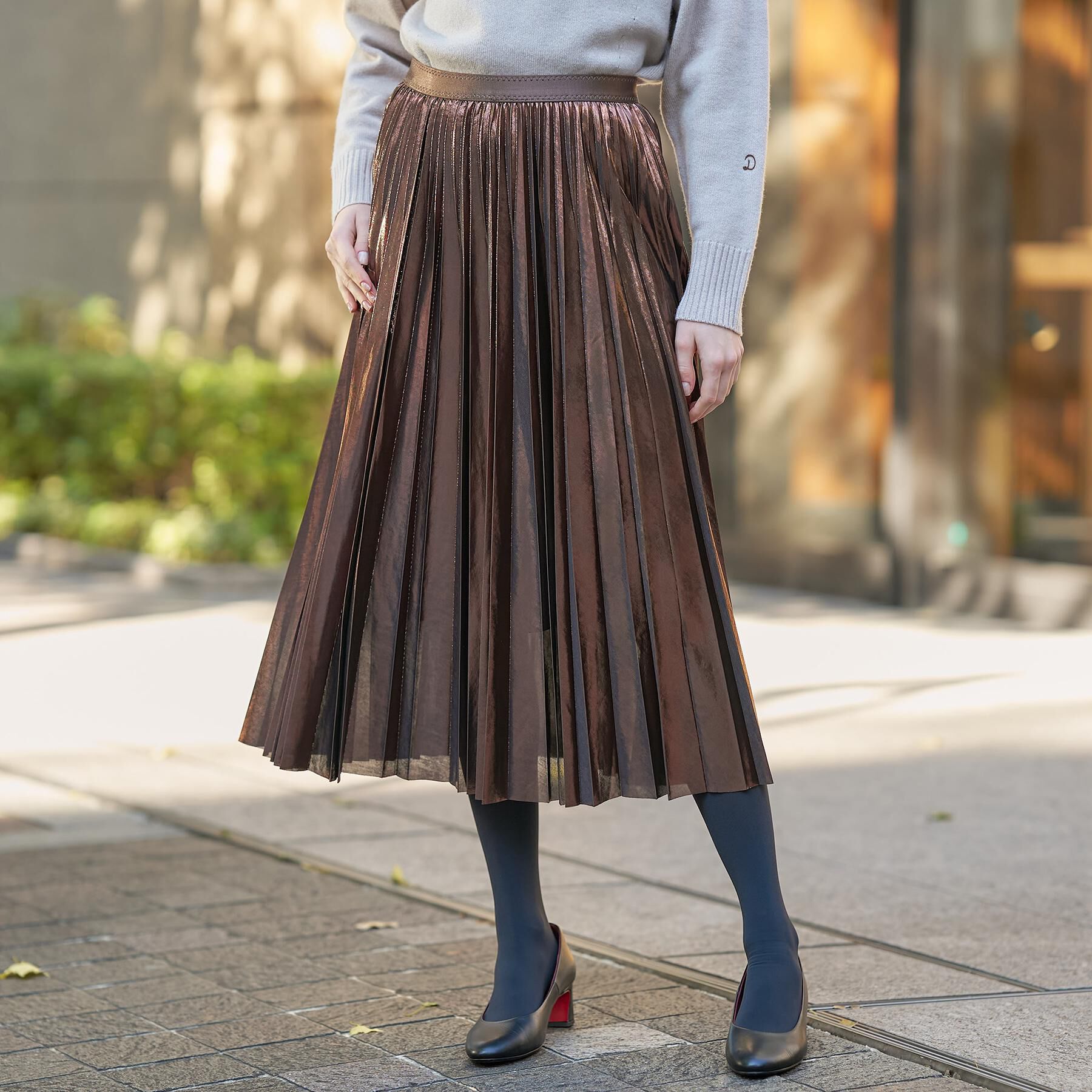 DRESSTERIOR「【洗える/ストレッチ性/オンオフ】箔プリントプリーツスカート」|スカート|モカブラウン(042