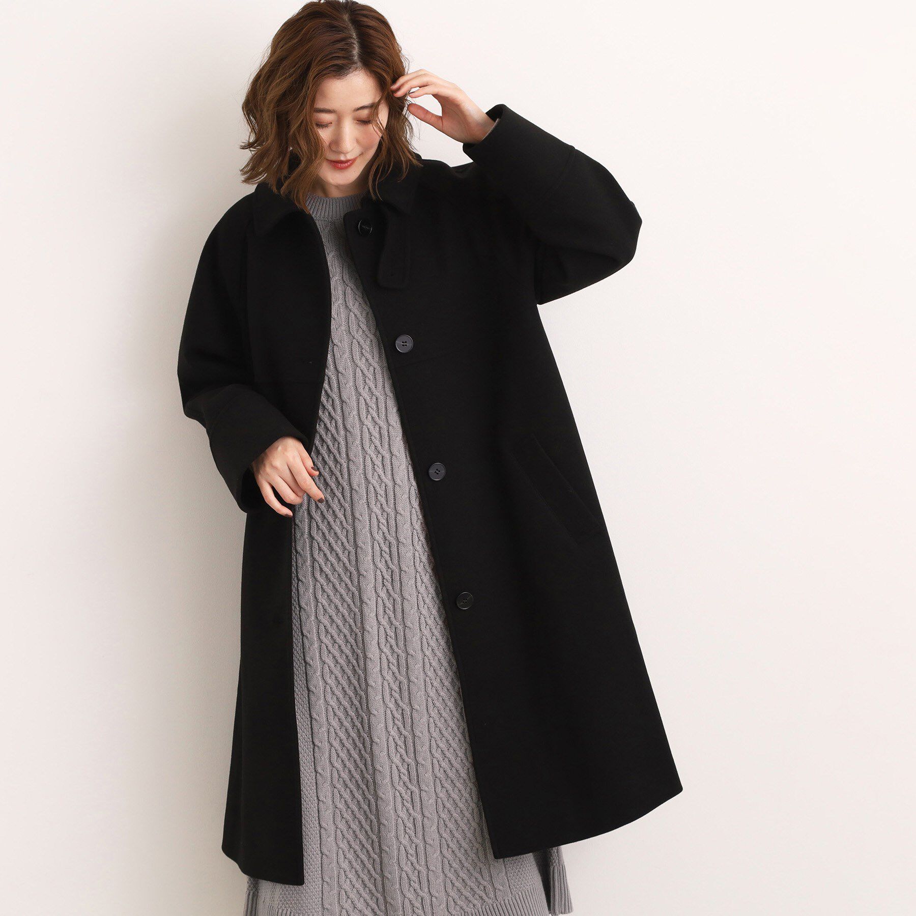 grove「クラシカルな佇まい 大人のステンカラーロングコート」|ステンカラーコート|ブラック(019)