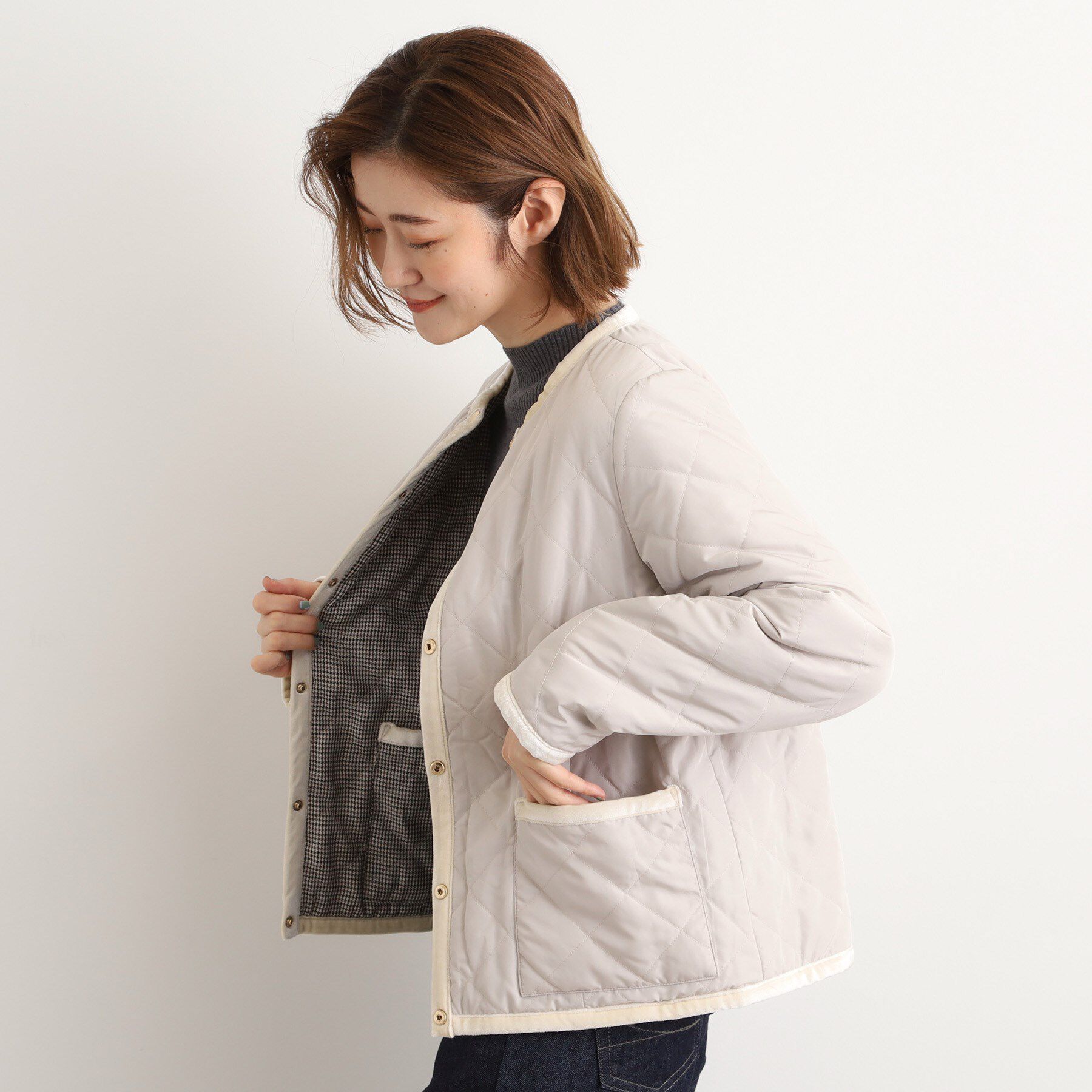 grove「【2WAY・リバーシブル】一枚でチェック柄も無地も！キルトジャケット」|ブルゾン・スタジャン|
