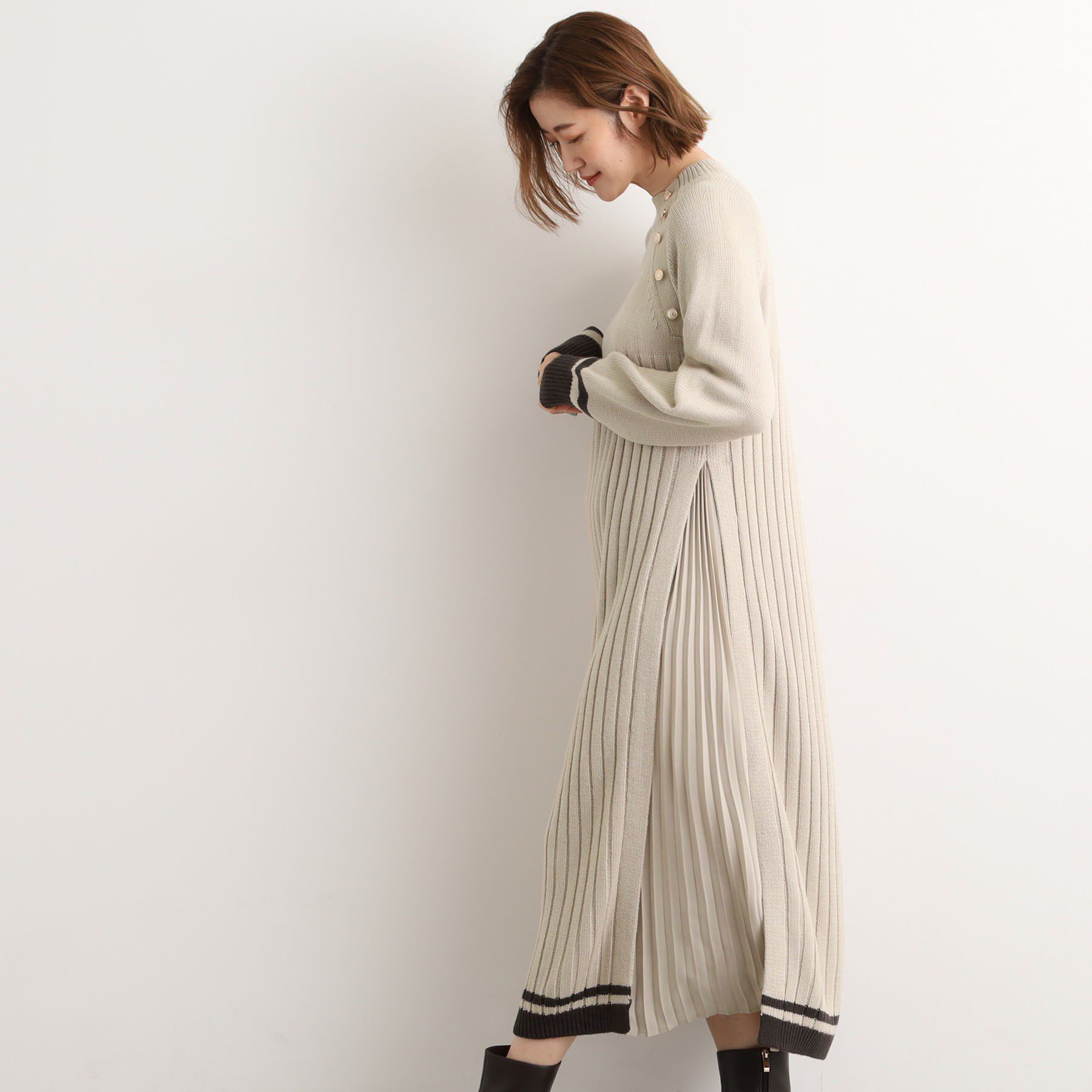 grove「【選べる着丈】配色サイドプリーツニットワンピース」|ワンピース|