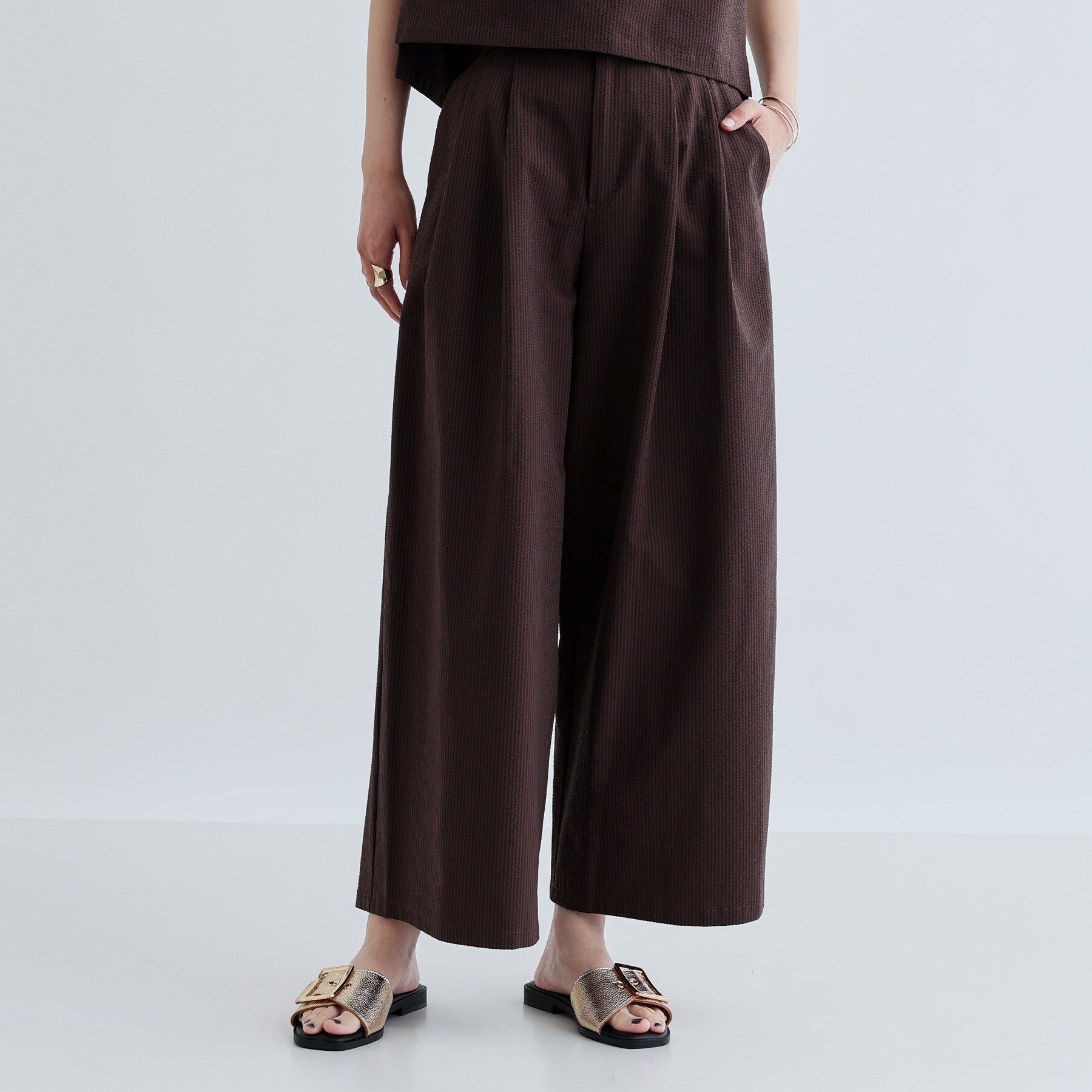 GALLEST「【セットアップ可能】ストライプサッカーワイドパンツ【洗える/カセット服】」|その他|ブラウン(044)