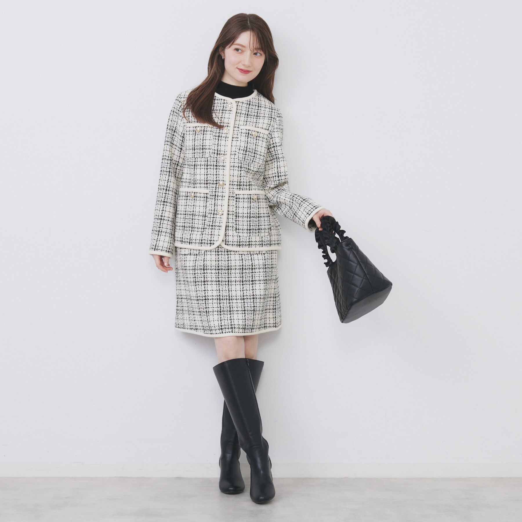 index「チェックツイードジャケットコート/セットアップ対応【洗える】」|ノーカラージャケット|