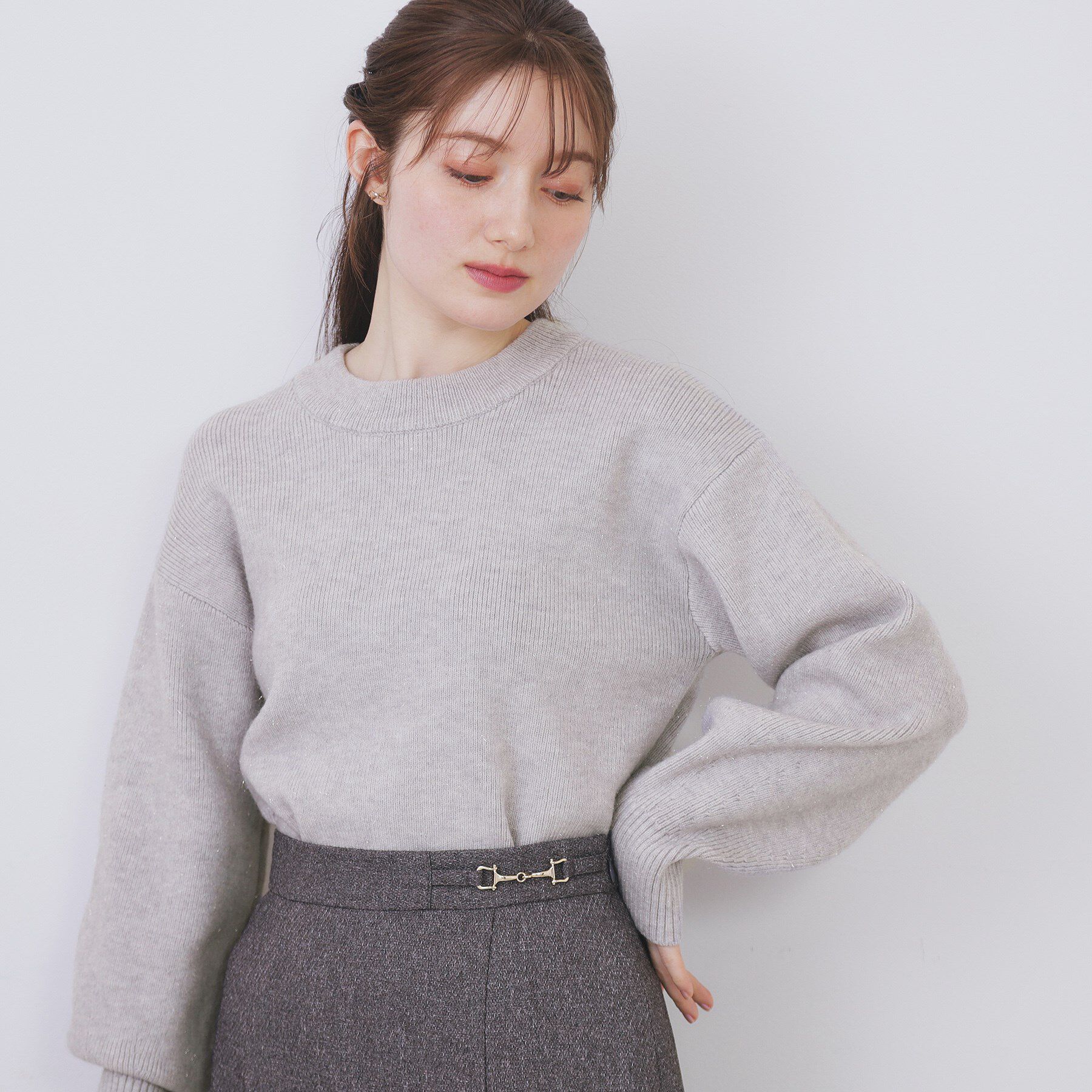 index「モックネックボクシーラメニット【洗濯機OK】《7col》」|ニット・セーター|グレー(012)