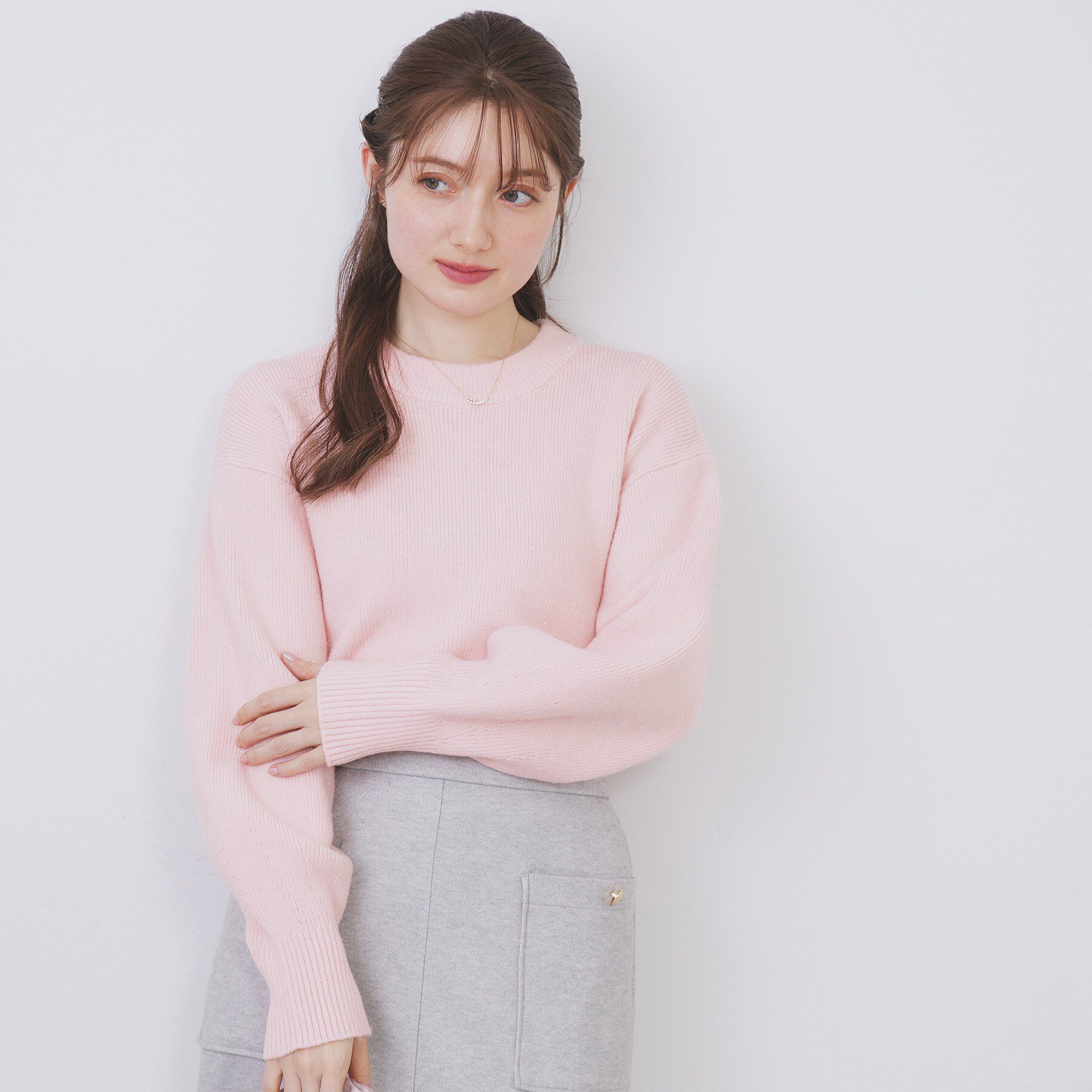 index「モックネックボクシーラメニット【洗濯機OK】《7col》」|ニット・セーター|ライトピンク(870