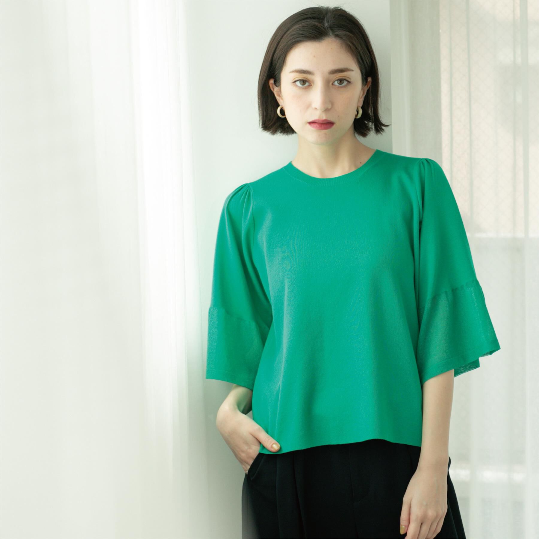 OPAQUE.CLIP「《5色展開》シアーフレアスリーブニット【洗濯機洗い可】」|ニット・セーター|