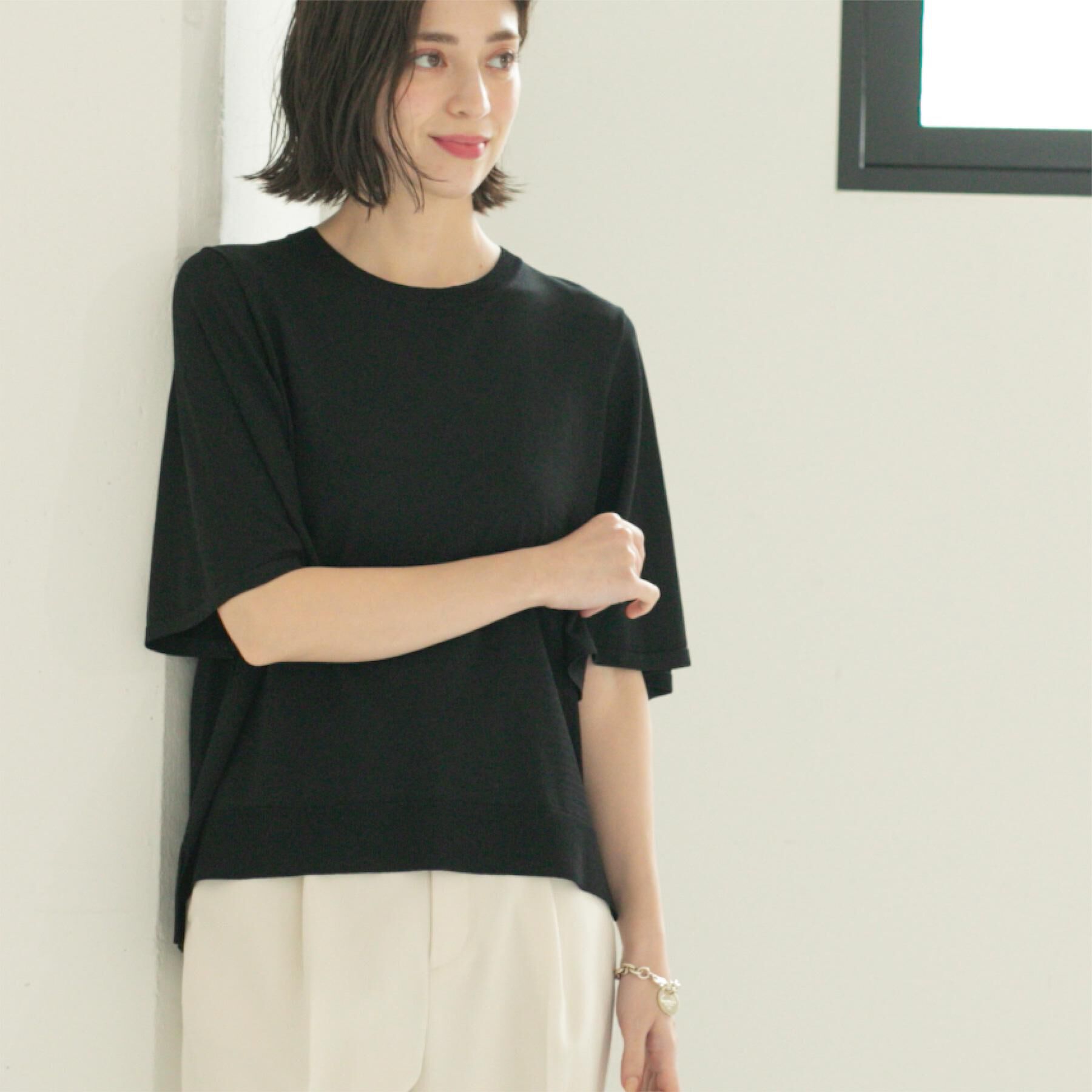 OPAQUE.CLIP「《6色展開/S-LLサイズ》フレアスリーブニット【UV/接触冷感/抗ピル/洗濯機洗い可】」|ニット・セーター|