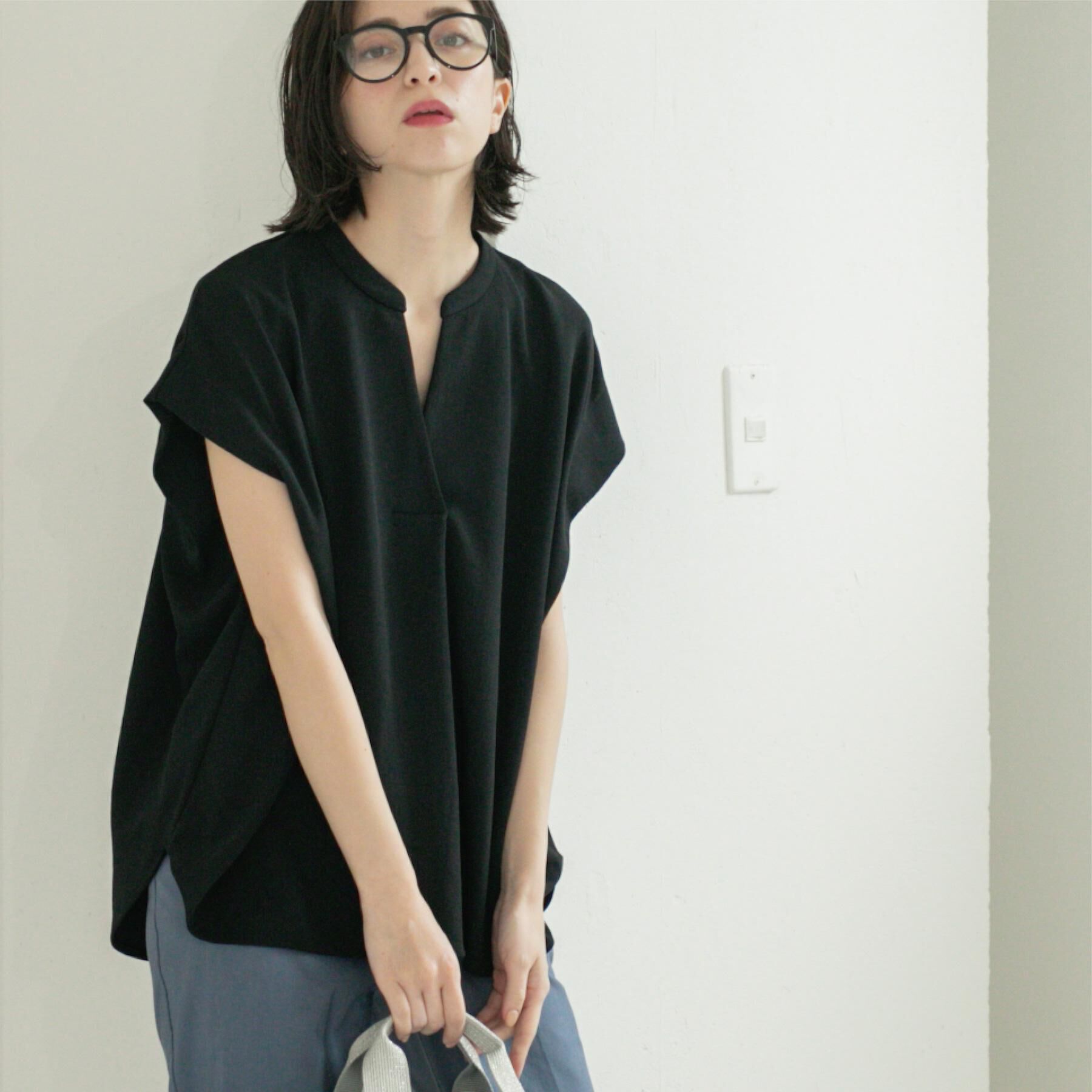 OPAQUE.CLIP「スキッパーフレンチスリーブトップス【UV/吸水速乾/洗濯機洗い可】」|Tシャツ・カットソー|ブラック(019)