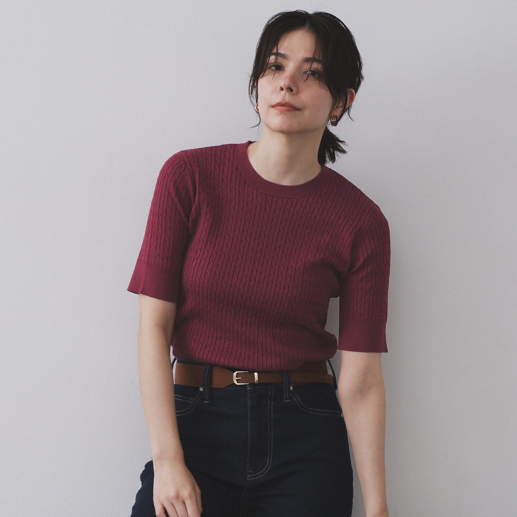 OPAQUE.CLIP「ケーブルハーフスリーブニット【UVケア/洗濯機OK】《6col/S～LL》」|ニット・セーター|